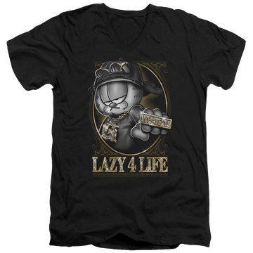 Black men's v-neck t-shirt with Garfield Lazy 4 Life graphic