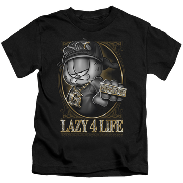 Black kid's t-shirt for ages 4 to 7 with Garfield Lazy 4 Life graphic