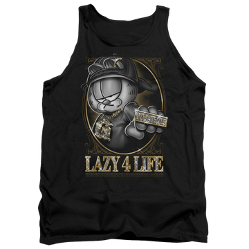 Black men's tank with Garfield Lazy 4 Life graphic