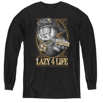 Black youth long sleeve t-shirt with Garfield Lazy 4 Life graphic