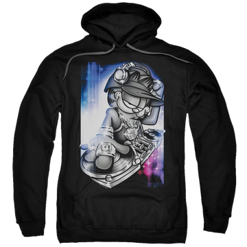 Black pullover hoodie with Garfield Dj Lazy graphic