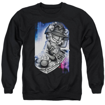 Black men's crewneck sweatshirt with Garfield Dj Lazy graphic