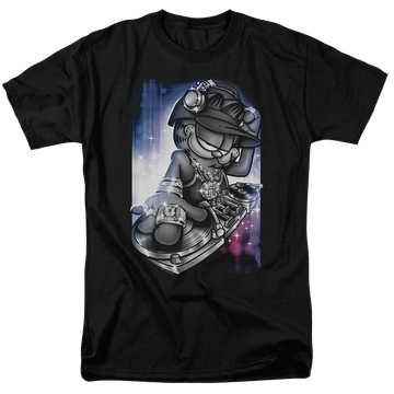 Black men's regular fit t-shirt with Garfield Dj Lazy graphic