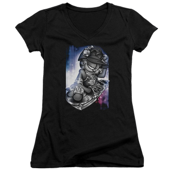 Black juniors v-neck t-shirt with Garfield Dj Lazy graphic