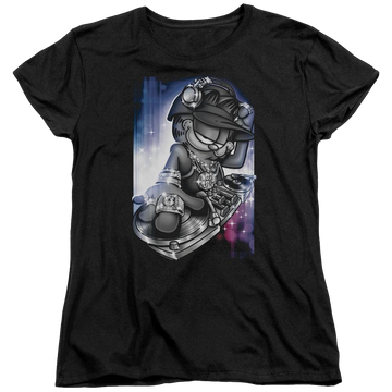 Black women's t-shirt with Garfield Dj Lazy graphic