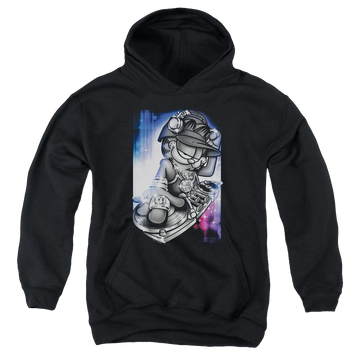 Black youth hoodie for ages 8 to 12 with Garfield Dj Lazy graphic