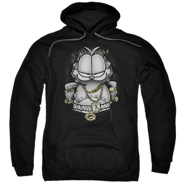 Black pullover hoodie with Garfield Lasagna For Life graphic