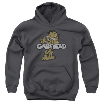 Charcoal youth hoodie for ages 8 to 12 with Garfield Retro Garf graphic