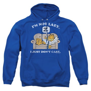 Royal pullover hoodie with Garfield Not Lazy graphic