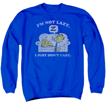 Royal men's crewneck sweatshirt with Garfield Not Lazy graphic