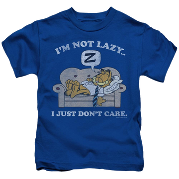 Royal kid's t-shirt for ages 4 to 7 with Garfield Not Lazy graphic