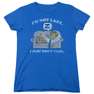 Royal women's t-shirt with Garfield Not Lazy graphic