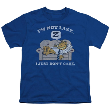 Royal youth t-shirt for ages 8 to 12 with Garfield Not Lazy graphic
