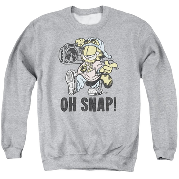 Athletic heather men's crewneck sweatshirt with Garfield Oh Snap graphic