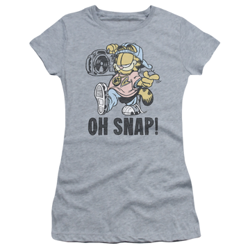 Athletic heather juniors t-shirt with Garfield Oh Snap graphic