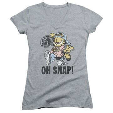 Athletic heather juniors v-neck t-shirt with Garfield Oh Snap graphic