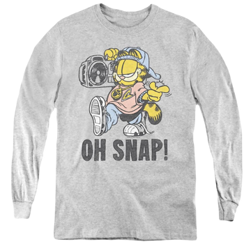 Athletic heather youth long sleeve t-shirt with Garfield Oh Snap graphic
