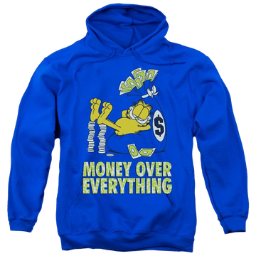 Royal pullover hoodie with Garfield Money Is Everything graphic