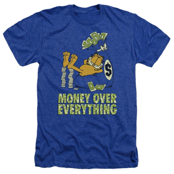 Royal men's heather t-shirt with Garfield Money Is Everything graphic