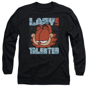 Black men's long sleeve t-shirt with Garfield Lazy But Talented graphic