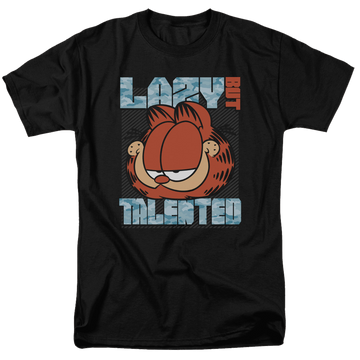 Black men's regular fit t-shirt with Garfield Lazy But Talented graphic