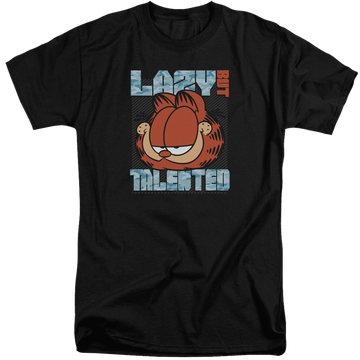 Black men's tall fit t-shirt with Garfield Lazy But Talented graphic