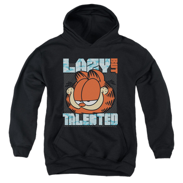 Black youth hoodie for ages 8 to 12 with Garfield Lazy But Talented graphic