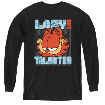 Black youth long sleeve t-shirt with Garfield Lazy But Talented graphic