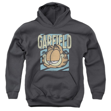 Charcoal youth hoodie for ages 8 to 12 with Rad Garfield graphic