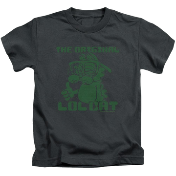 Charcoal kid's t-shirt for ages 4 to 7 with Garfield Og Lol graphic