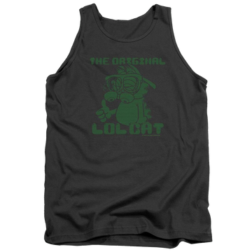 Charcoal men's tank with Garfield Og Lol graphic
