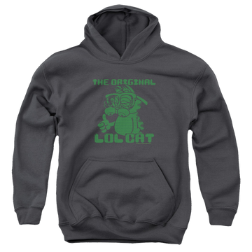 Charcoal youth hoodie for ages 8 to 12 with Garfield Og Lol graphic