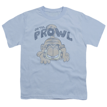 Light blue youth t-shirt for ages 8 to 12 with Garfield Prowl graphic