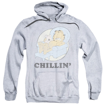 Athletic heather pullover hoodie with Garfield Chillin graphic