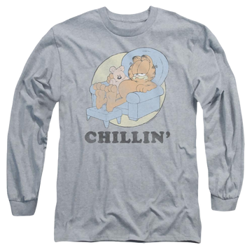 Athletic heather men's long sleeve t-shirt with Garfield Chillin graphic