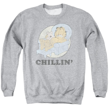 Athletic heather men's crewneck sweatshirt with Garfield Chillin graphic