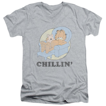 Athletic heather men's v-neck t-shirt with Garfield Chillin graphic