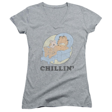 Athletic heather juniors v-neck t-shirt with Garfield Chillin graphic