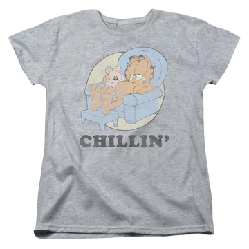 Athletic heather women's t-shirt with Garfield Chillin graphic