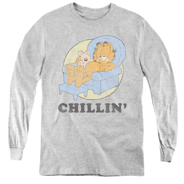 Athletic heather youth long sleeve t-shirt with Garfield Chillin graphic