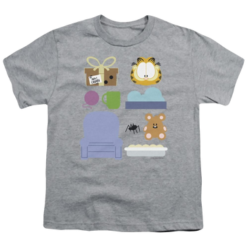 Athletic heather youth t-shirt for ages 8 to 12 with Garfield Gift Set graphic