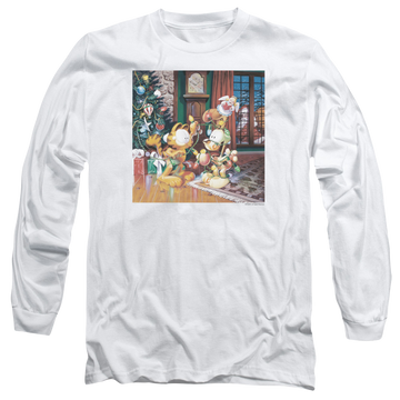 White men's long sleeve t-shirt with Garfield Odie Tree graphic
