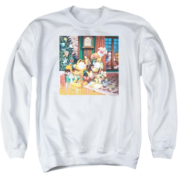 White men's crewneck sweatshirt with Garfield Odie Tree graphic