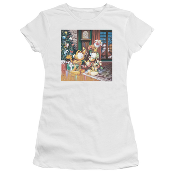 White juniors t-shirt with Garfield Odie Tree graphic