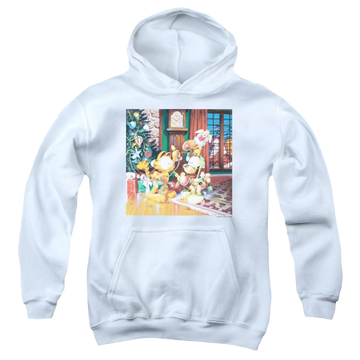 White youth hoodie for ages 8 to 12 with Garfield Odie Tree graphic