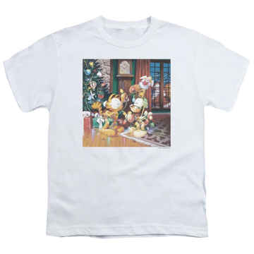 White youth t-shirt for ages 8 to 12 with Garfield Odie Tree graphic
