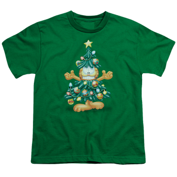 Kelly green youth t-shirt for ages 8 to 12 with Garfield Tree graphic