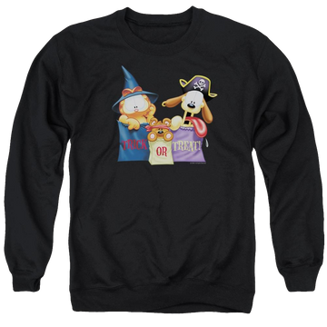 Black men's crewneck sweatshirt with Garfield Grab Bags graphic