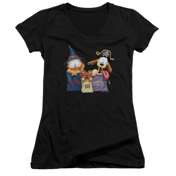 Black juniors v-neck t-shirt with Garfield Grab Bags graphic