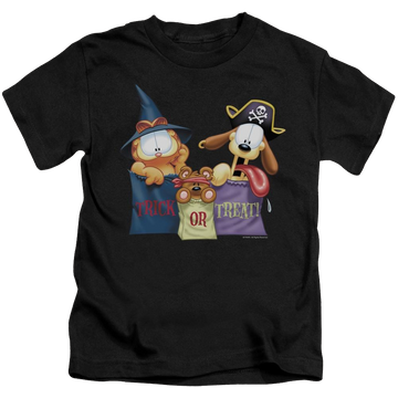 Black kid's t-shirt for ages 4 to 7 with Garfield Grab Bags graphic